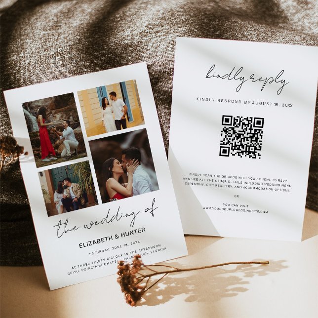Invitation Chic Script 4 Photo Collage QR Code RSVP Mariage (Créateur téléchargé)
