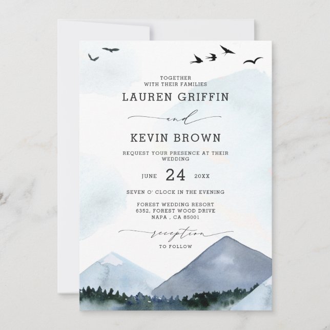 Invitation Chic Script Ardoise Blue Mountains Mariage de forê (Devant)