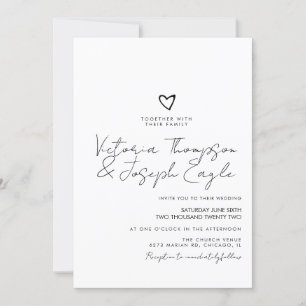 Invitation Chic Script Coeur incliné noir blanc Mariage