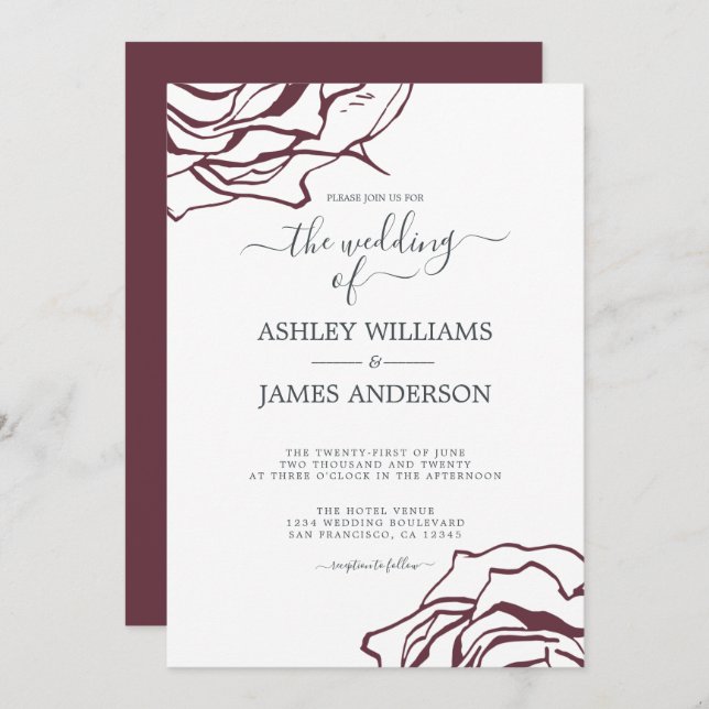 Invitation Chic Script Floral Outline Bourgogne Rose Mariage (Devant / Derrière)