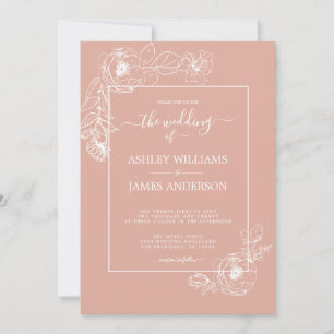 Invitation Chic Script Floral Outline Dusty Mariage rose