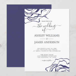 Invitation Chic Script Floral Outline Navy Rose bleu Mariage