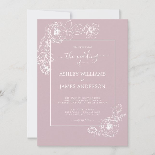 Invitation Chic Script Floral Outline Pastel Purple Mariage (Devant)