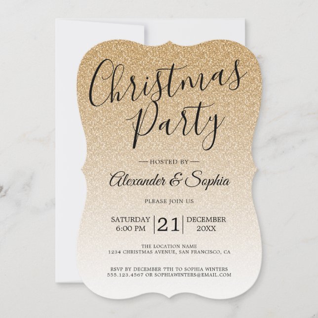Invitation Chic Script Gold Parties scintillant Ombre Noël Pa (Devant)