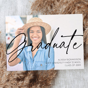 Invitation Chic Script H Photo Graduation Party Blanc