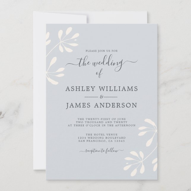 Invitation Chic Script ivoire Foliage Pastel Mariage bleu (Devant)