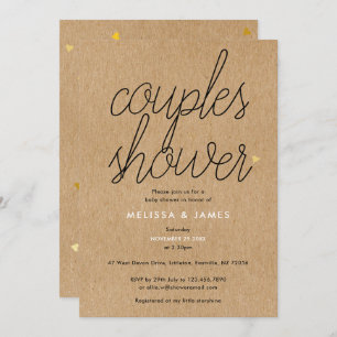Invitation Chic Script Kraft Gold Hearts Couples Baby shower
