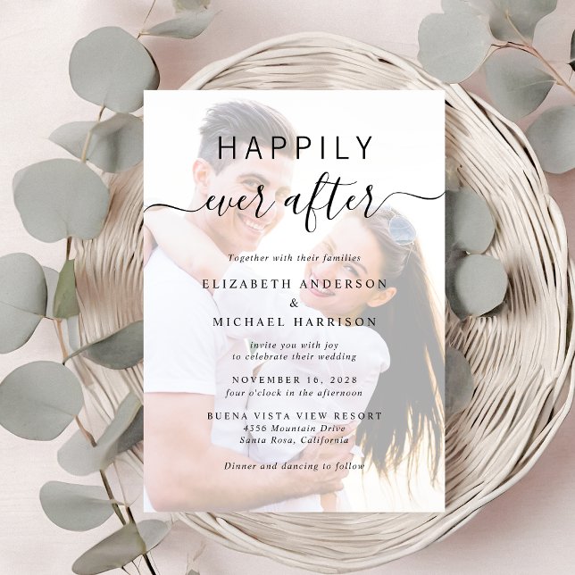 Invitation Chic Script Photo QR Code Dusty Blue Mariage (A chic Happily Ever After Photo Wedding Invitation)