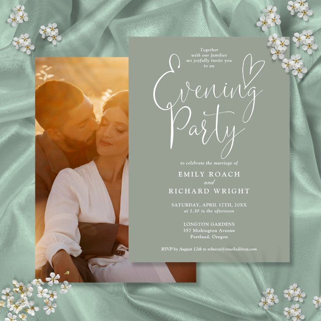 Invitation Chic Script Photo Sage Green Mariage Soirée (Chic Script Photo Sage Green Wedding Evening Party Invitation)