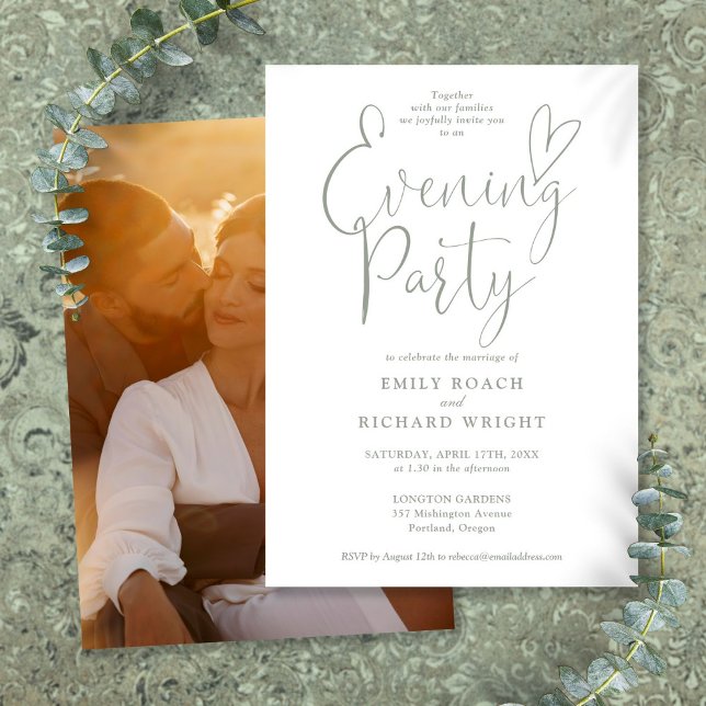 Invitation Chic Script Photo Sage Green Mariage Soirée (Chic Script Photo Sage Green Wedding Evening Party Invitation)