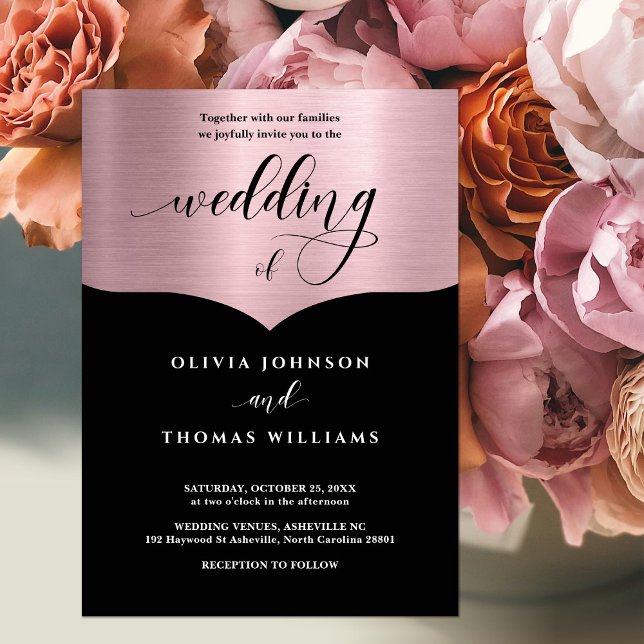 Invitation Chic Script Rose métal noir Mariage or (Créateur téléchargé)