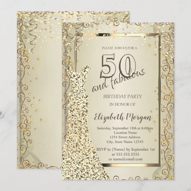Invitation Chic Sequins Robe Or 50e anniversaire (Devant / Derrière)