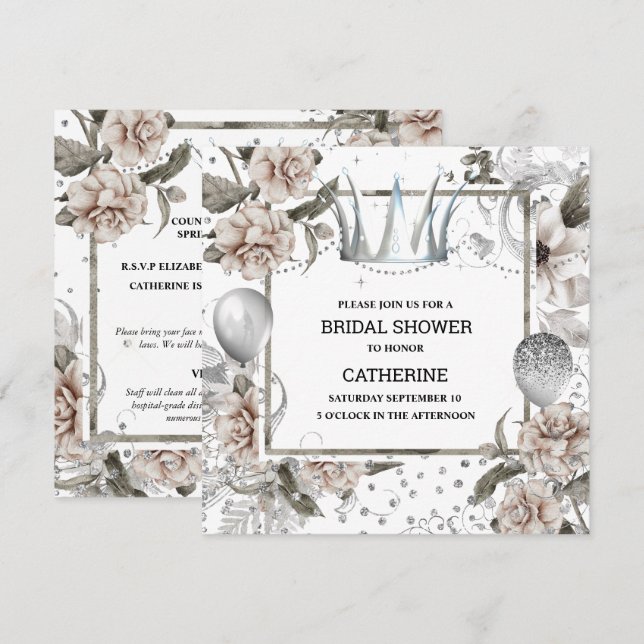 Invitation Chic Shabby couronne argent parties scintillant ro (Devant / Derrière)