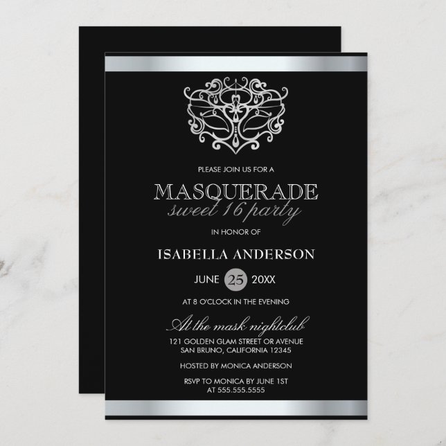 Invitation Chic Silver & Black Typography Masquerade Sweet 16 (Devant / Derrière)