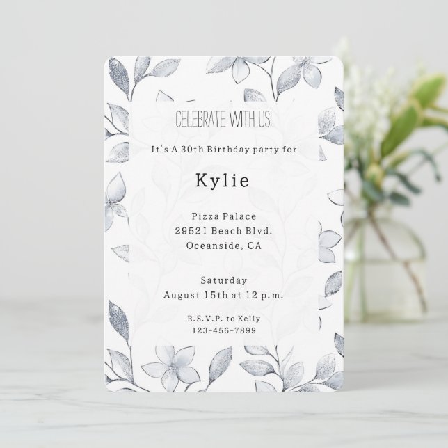 Invitation Chic Silver Blanc Floral Anniversaire (Debout devant)