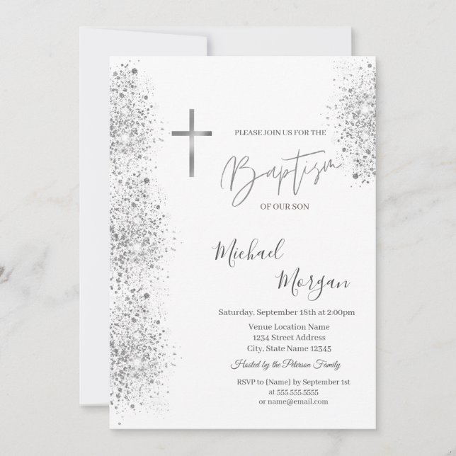 Invitation Chic Silver Cross Baptism Parties scintillant Arge (Devant)