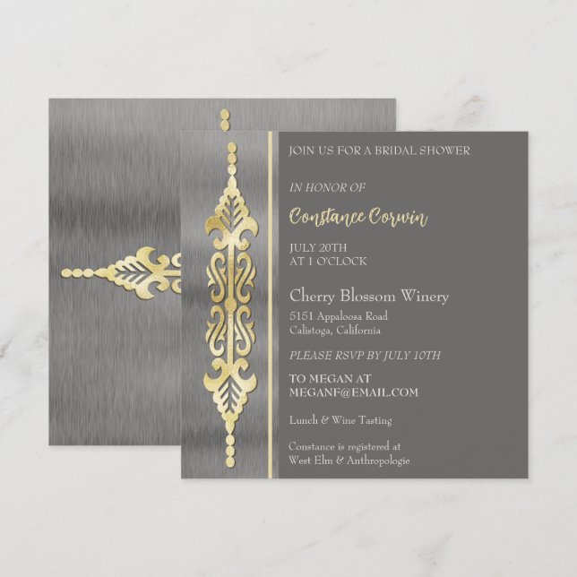 Invitation Chic Silver et Gold de douche nuptiale (Devant / Derrière)