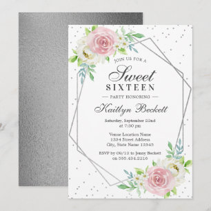 Invitation Chic Silver Foil Floral Sweet 16 Anniversaire