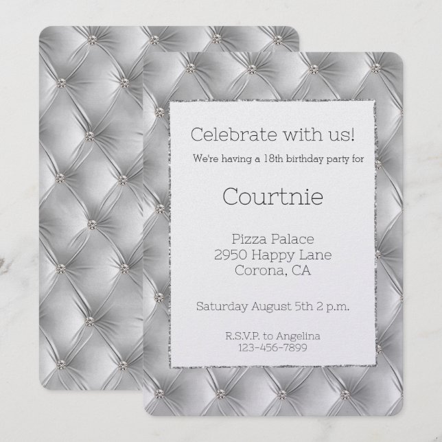 Invitation Chic Silver Grey Faux Velvet Anniversaire (Devant / Derrière)