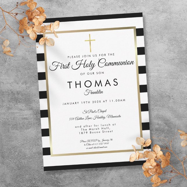 Invitation Chic Simple Croix d'Or Première Sainte Communion (Chic Simple Gold Cross First Holy Communion Invitation)