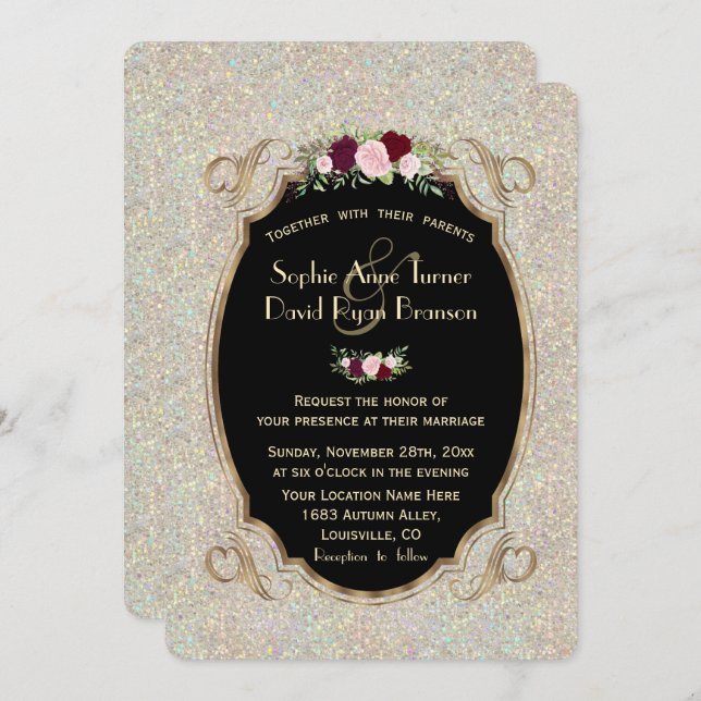 Invitation Chic Sparkles Gold Sequins Floral Wedding Invite (Devant / Derrière)