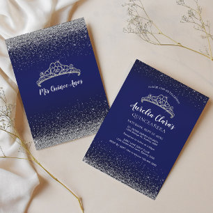 Invitation Chic Sparkling Bleu Argent Tiara Quinceanera
