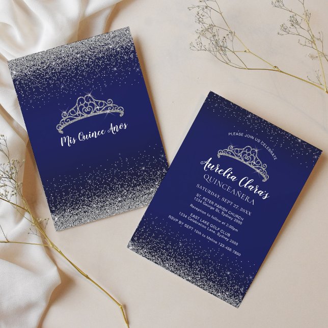 Invitation Chic Sparkling Bleu Argent Tiara Quinceanera (Créateur téléchargé)