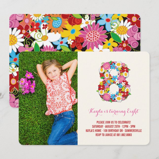 Invitation Chic Spring Flowers Girl 8e anniversaire Invitatio (Devant / Derrière)