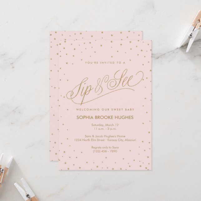 Invitation Chic Stars rose bébé fille Sip et voir douche (Devant/Arrière en situation)
