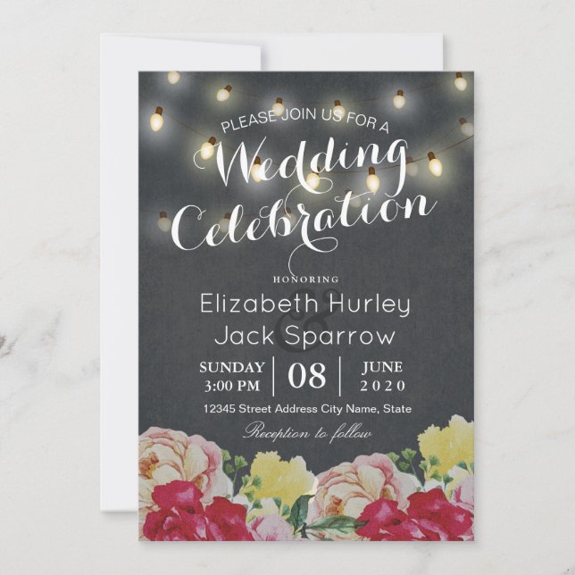 Invitation Chic String éclaire Floral Black Grunge Mariage (Devant)