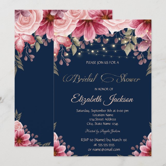 Invitation Chic String éclaire Floral Navy Blue Fête des mari (Devant / Derrière)