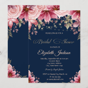 Invitation Chic String éclaire Floral Navy Blue Fête des mari