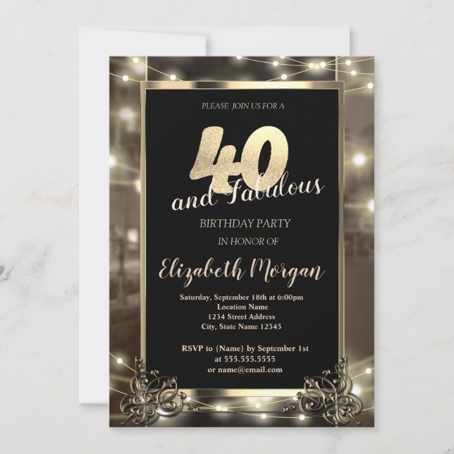 Invitation Chic String Lights 40e fête d'anniversaire (Devant)