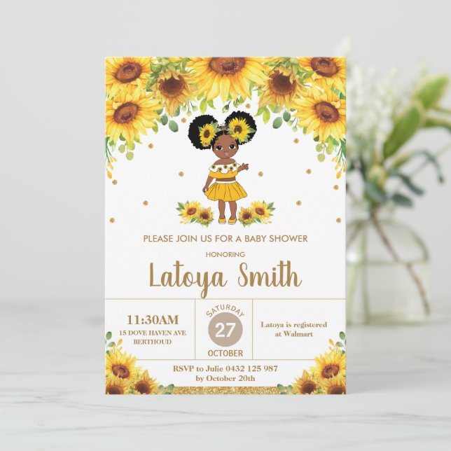 Invitation Chic Sunflower Africain Américaine Baby shower fil (Debout devant)