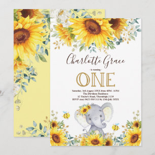 Invitation Chic Sunflower Elephant Green Or 1er anniversaire