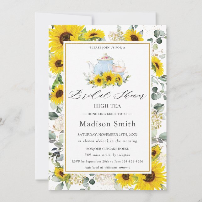 Invitation Chic Sunflower Floral High Tea Party Fête des mari (Devant)