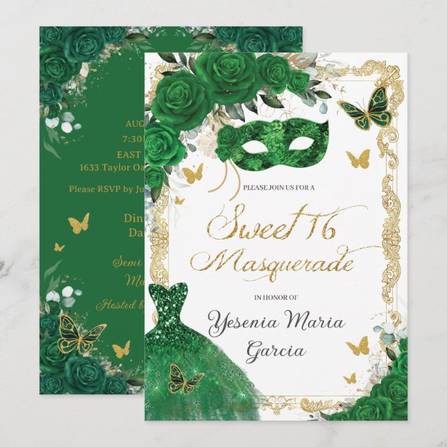 Invitation Chic Sweet 16 Masquerade Emerald Green Floral Gold (Devant / Derrière)