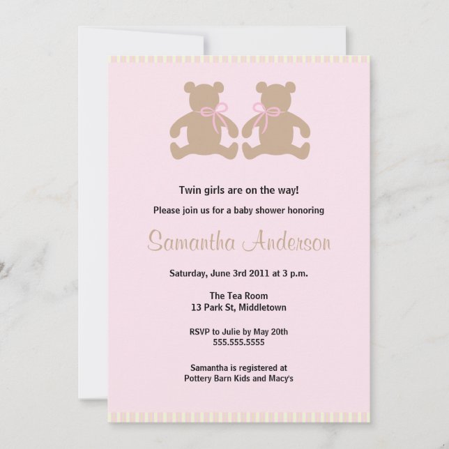 Invitation Chic Teddy Bear Baby shower - Twin Girl (Devant)