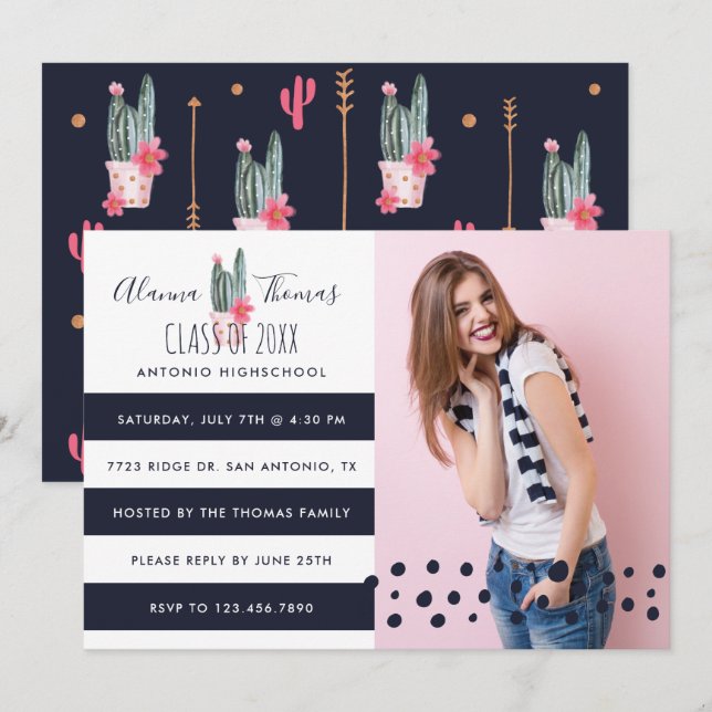 Invitation Chic tendance Aquarelle Cactus Plante Grad Invitat (Devant / Derrière)