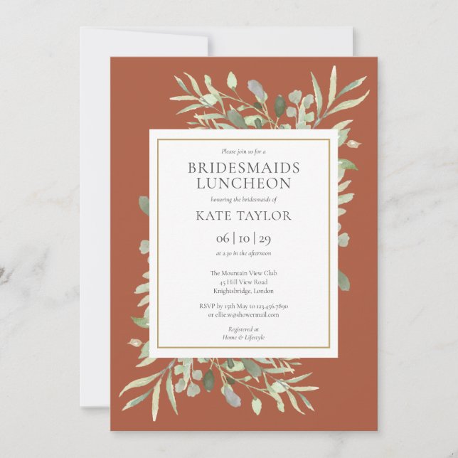 Invitation Chic Terracotta Gold Green Bridesmaids Déjeuner (Devant)