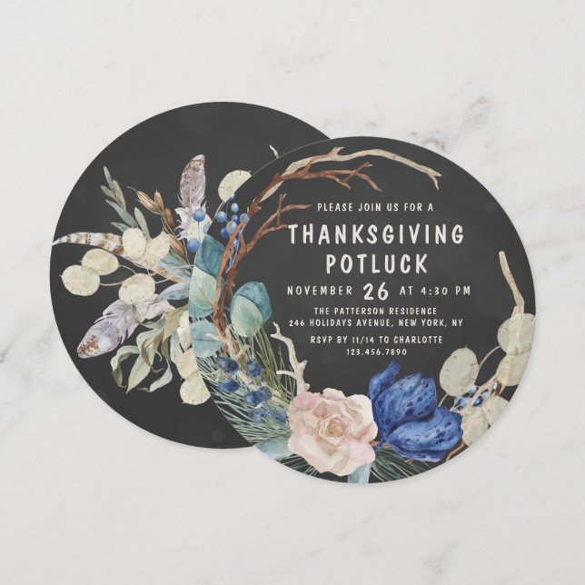 Invitation Chic Thanksgiving Potluck Diner Aquarelle Floral (Devant / Derrière)