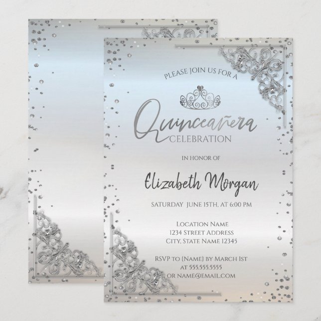 Invitation Chic Tiara en argent, Diamonds Quinceañera (Devant / Derrière)