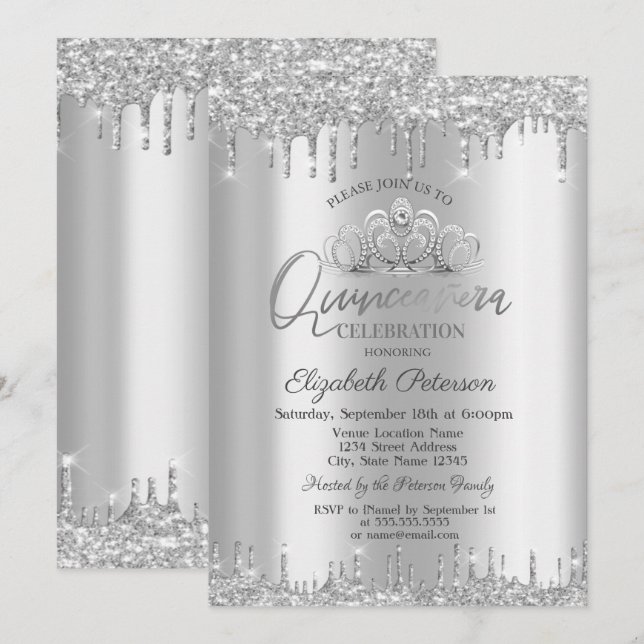 Invitation Chic Tiara, Parties scintillant Argent Drops Quinc (Devant / Derrière)