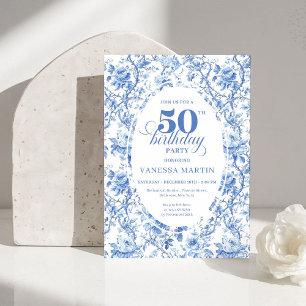 Invitation Chic Toile de Jouy française Fleurs Roses Bleues 5