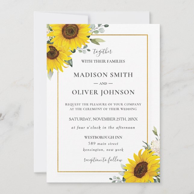Invitation Chic tournesol jaune Floral Mariage d'or Invita (Devant)