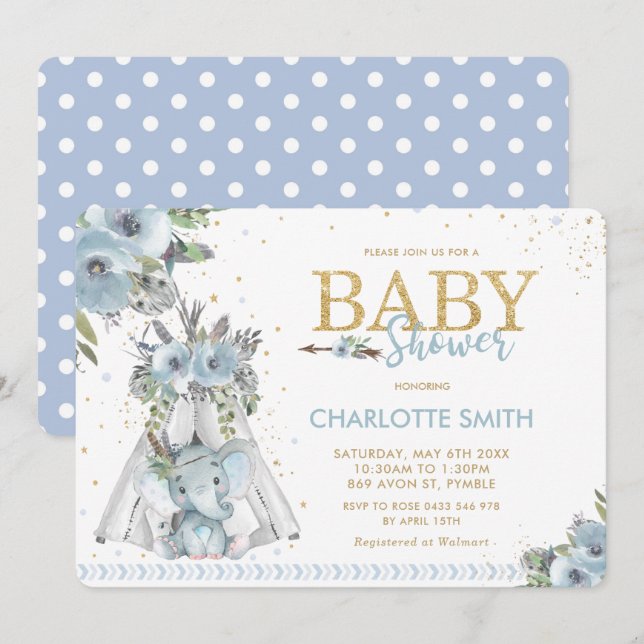 Invitation Chic Tribal Blue Floral Elephant Baby shower garço (Devant / Derrière)