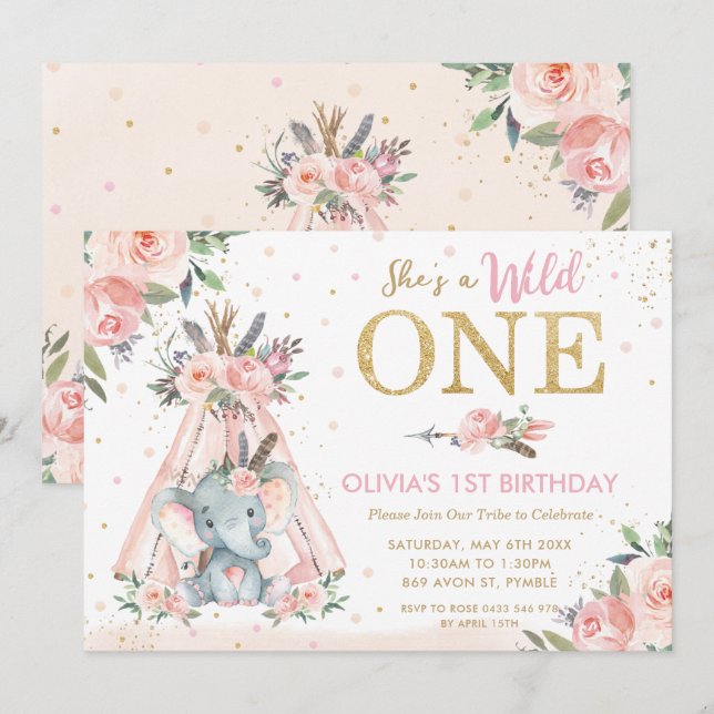 Invitation Chic Tribal Floral Elephant Wild Un premier annive (Devant / Derrière)