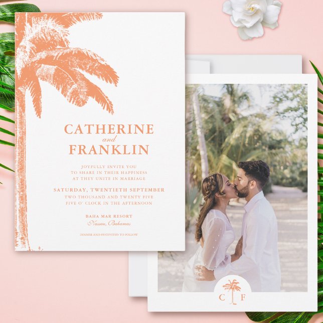 Invitation Chic Tropical Palm Tree Monogramme Mariage photo (Vintage Boho Tropical Palm Photo Wedding Invitation)