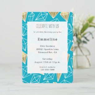 Invitation Chic Turquoise Aqua Blue Gold Diamonds Anniversair