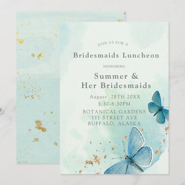 Invitation Chic Turquoise Blue Butterflies Bridesmaigre Déjeu (Devant / Derrière)